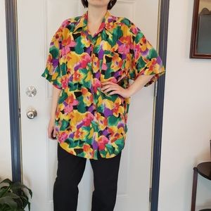 Vintage 80s 100% Silk Floral Blouse